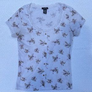 Bought from Rue21, a white tee with purple floral print and lace along the edge
